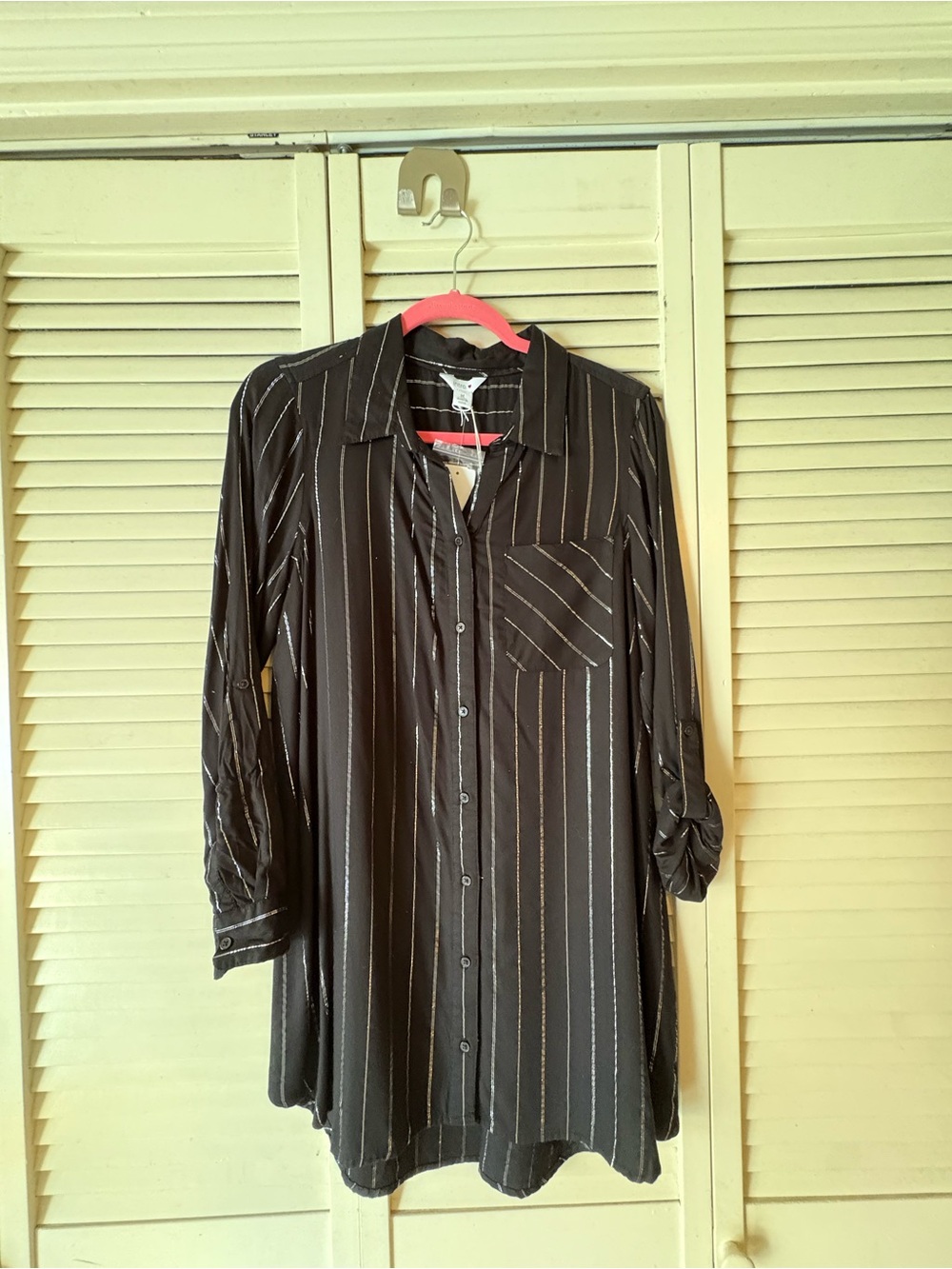 Black Pinstripe Button-Up Tunic Shirt Dress